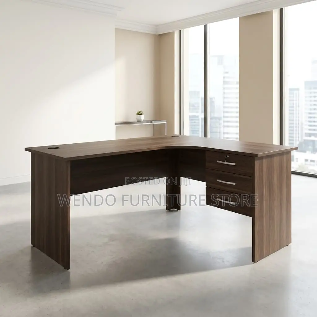Office Desk : Dark Walnut L-Shaped Office Workstation
