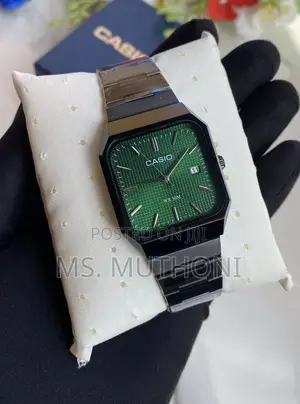 Gents Matte Black Casio Square , Green Dial
