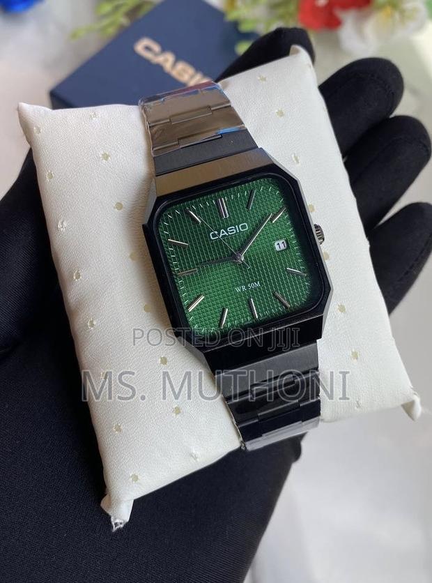 Gents Matte Black Casio Square , Green Dial