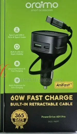 Oraimo PowerDrive 60W Fast Charge Car Charger With Retractable Cable