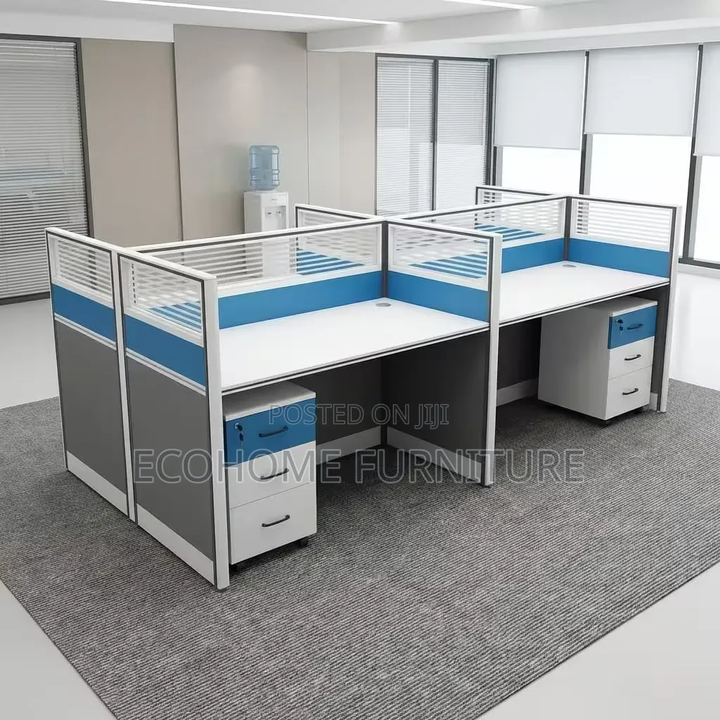 Office Workstation 4 Seater With Blue Privacy Panels