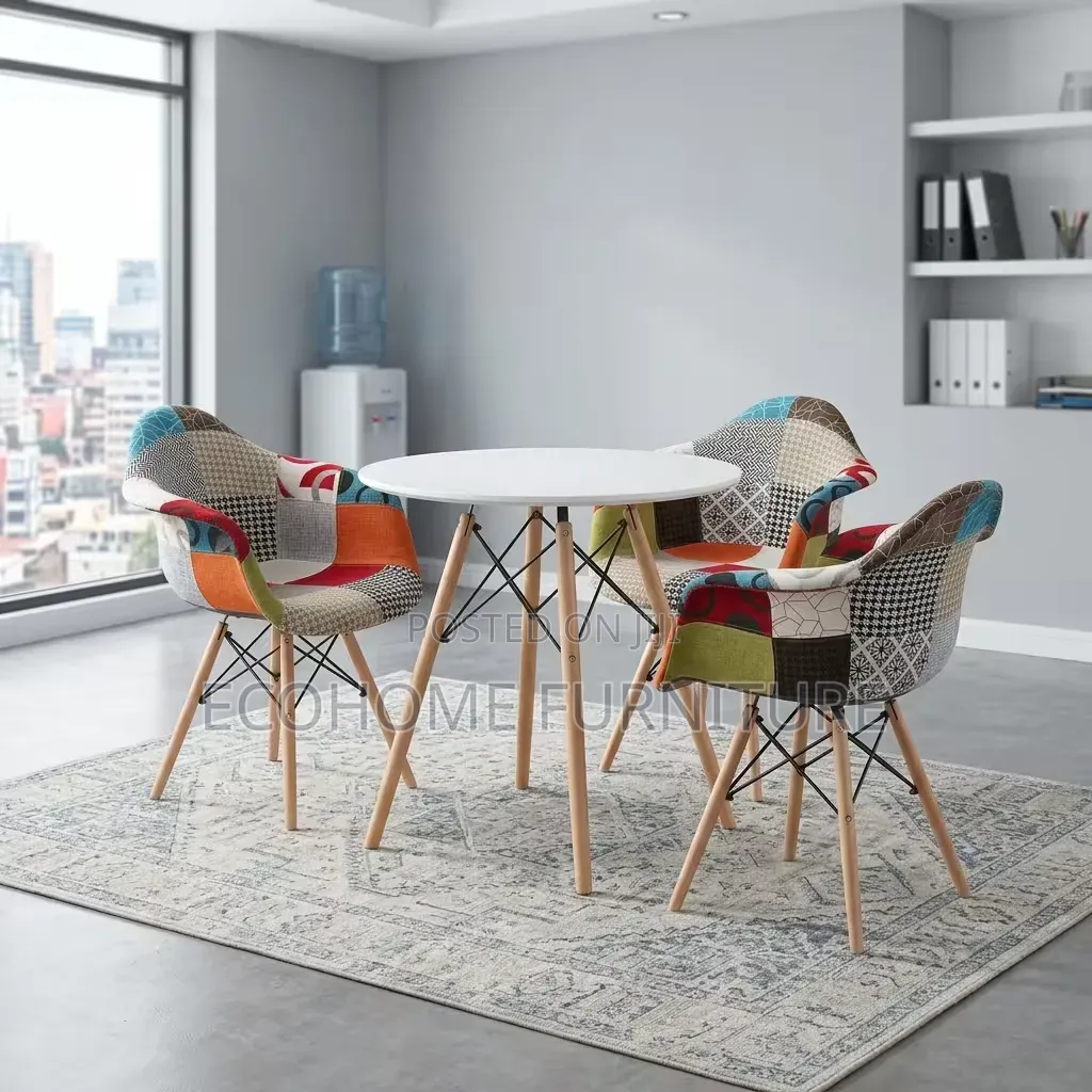 Dining Table Set Round White Table With 3 Patchwork Chairs