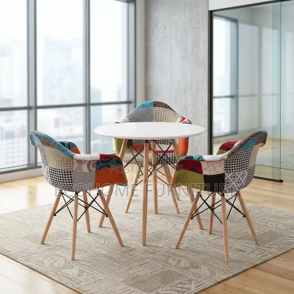 Dining Table Set Round White Table With 3 Patchwork Chairs