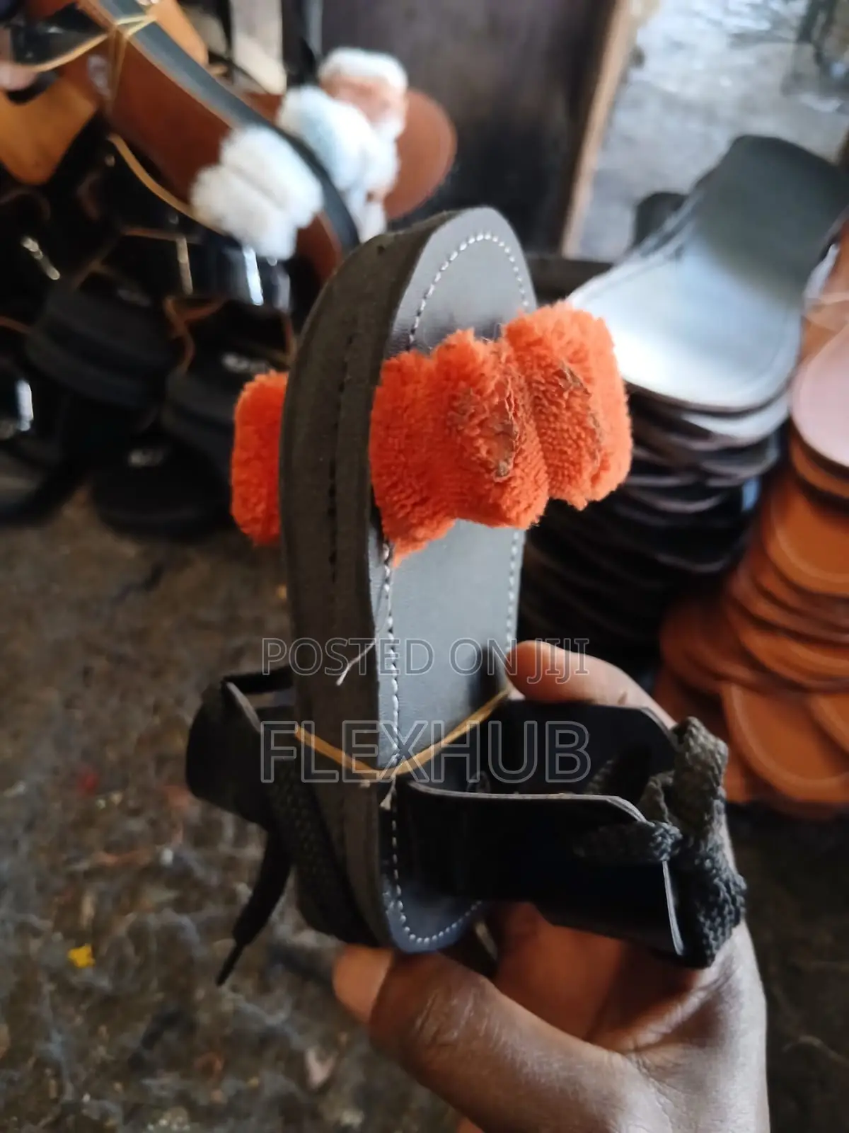 Girls Black Flat Sandals With Fuzzy Ruffled Strap and Ankle Ties