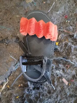 Girls Black Flat Sandals With Fuzzy Ruffled Strap and Ankle Ties