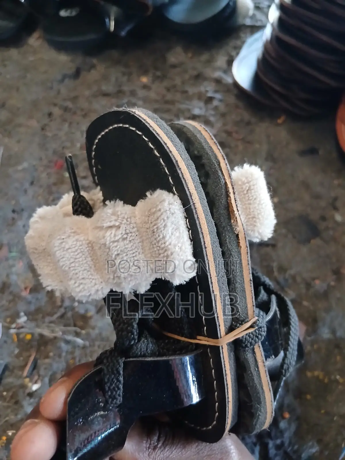Girls Black Flat Sandals With Fuzzy Ruffled Strap and Ankle Ties