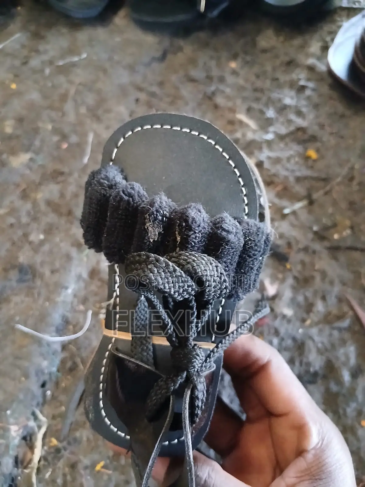 Girls Black Flat Sandals With Fuzzy Ruffled Strap and Ankle Ties