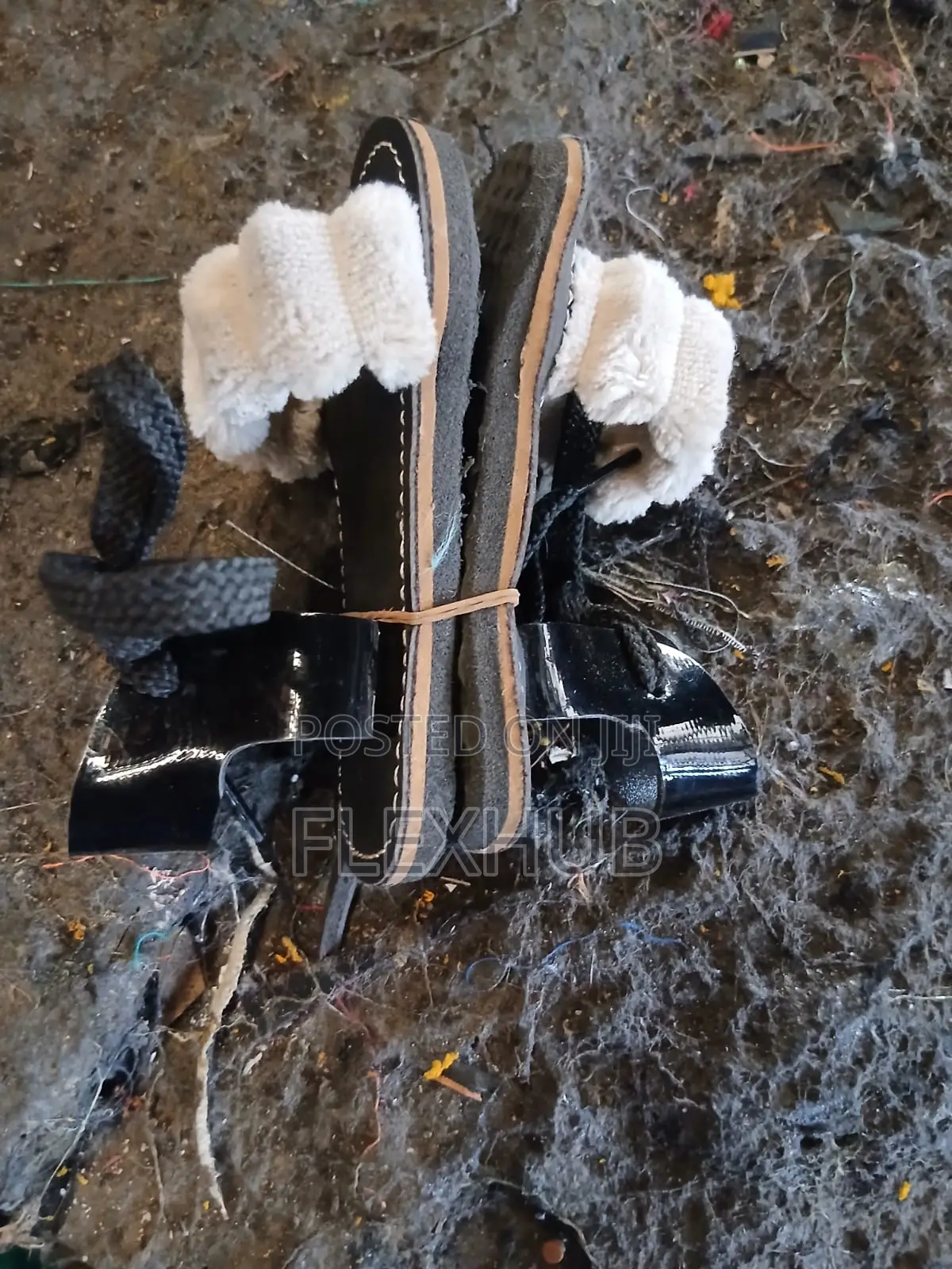 Girls Black Flat Sandals With Fuzzy Ruffled Strap and Ankle Ties