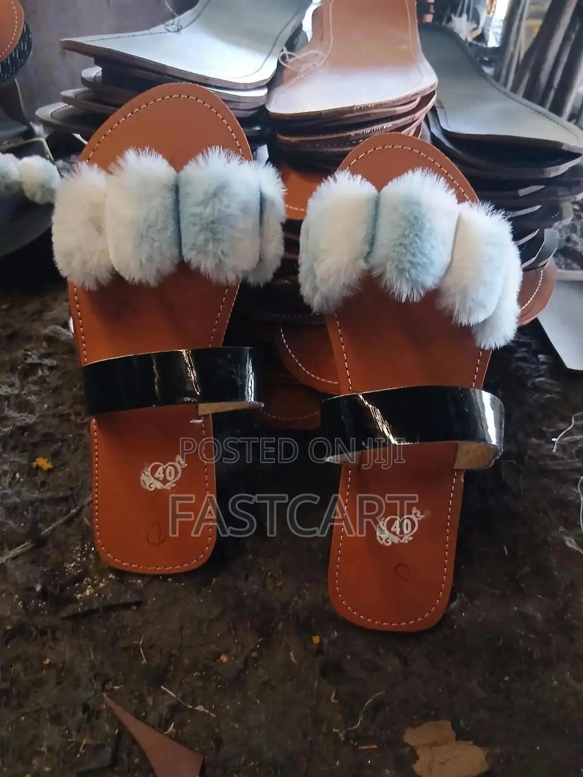 Ladies Brown Fur Slip-on Sandals With Black Strap Flat Slippers