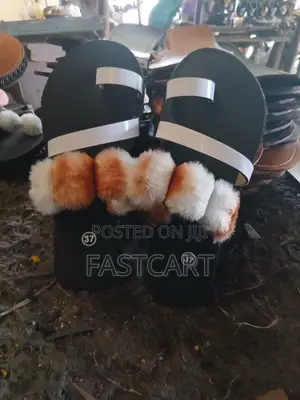 Ladies Black Sandals With White Straps Soft Brown White Fur