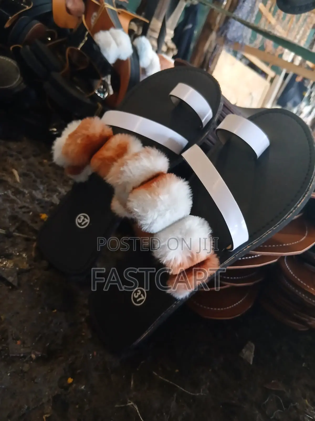 Ladies Black Sandals With White Straps Soft Brown White Fur