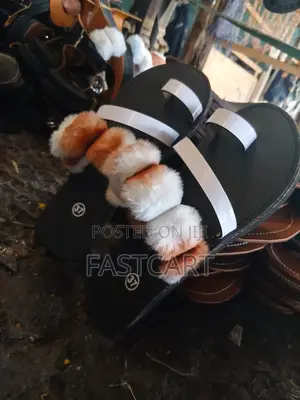 Ladies Black Sandals With White Straps Soft Brown White Fur