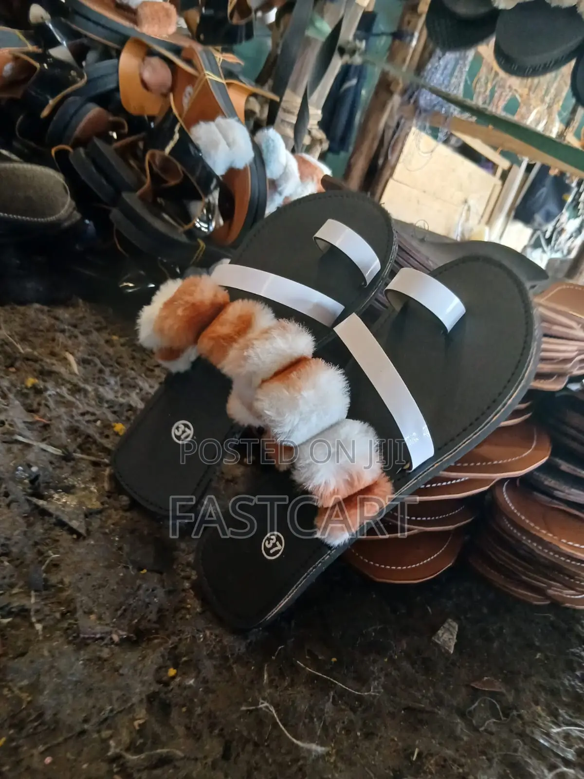Ladies Black Sandals With White Straps Soft Brown White Fur
