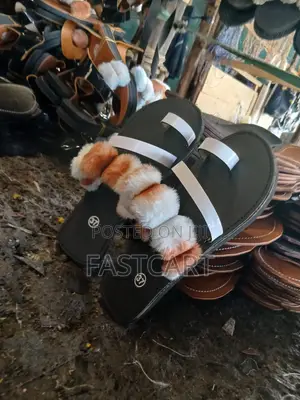 Ladies Black Sandals With White Straps Soft Brown White Fur