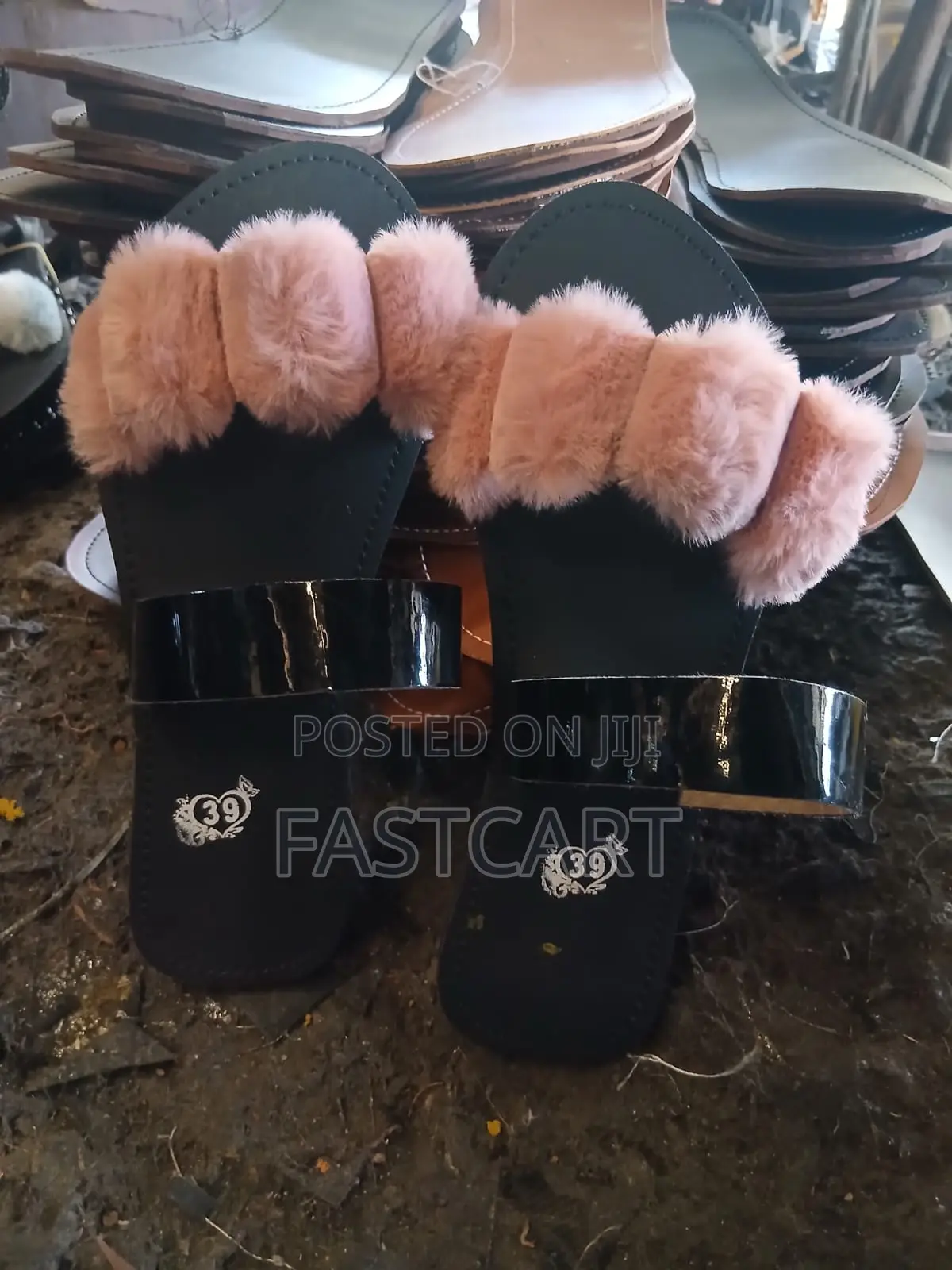 Ladies Black Sandals With White Straps Soft Brown White Fur