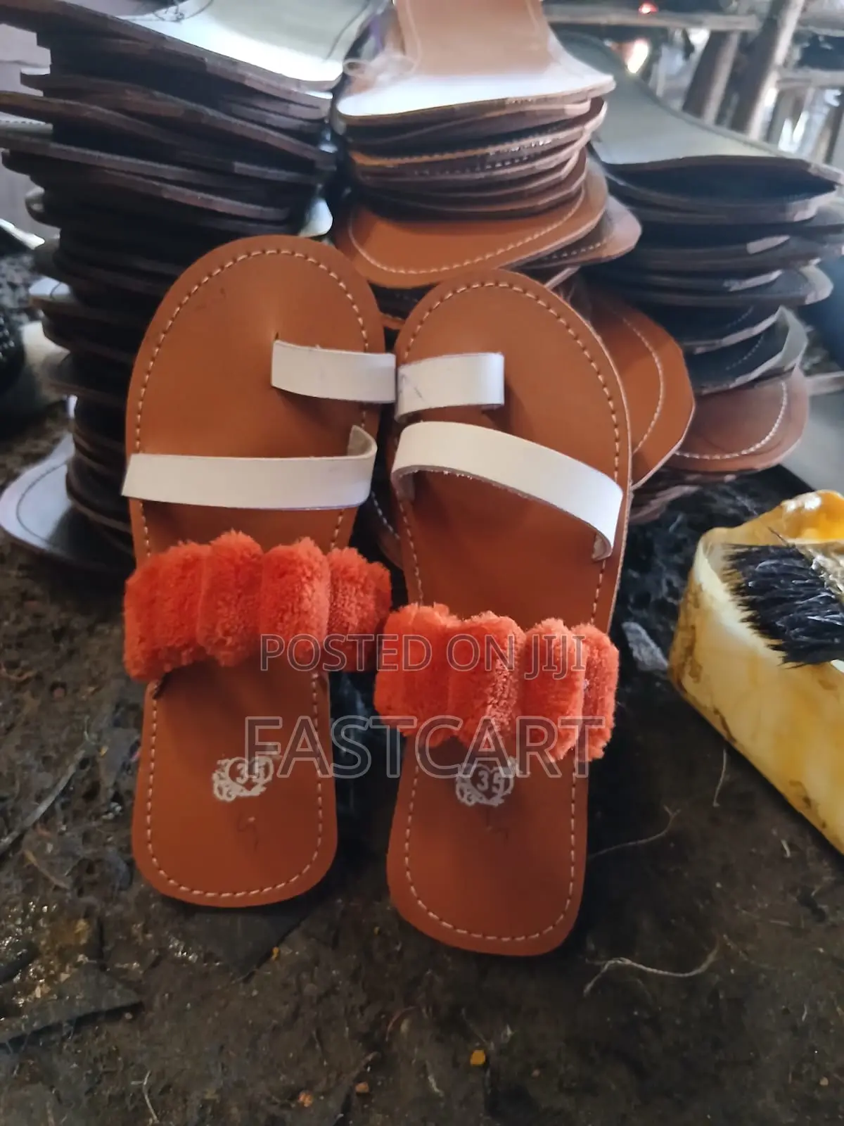Ladies Black Sandals With White Straps Soft Brown White Fur