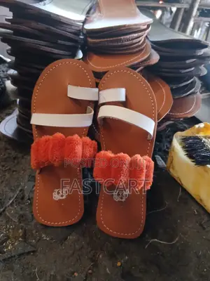 Ladies Black Sandals With White Straps Soft Brown White Fur