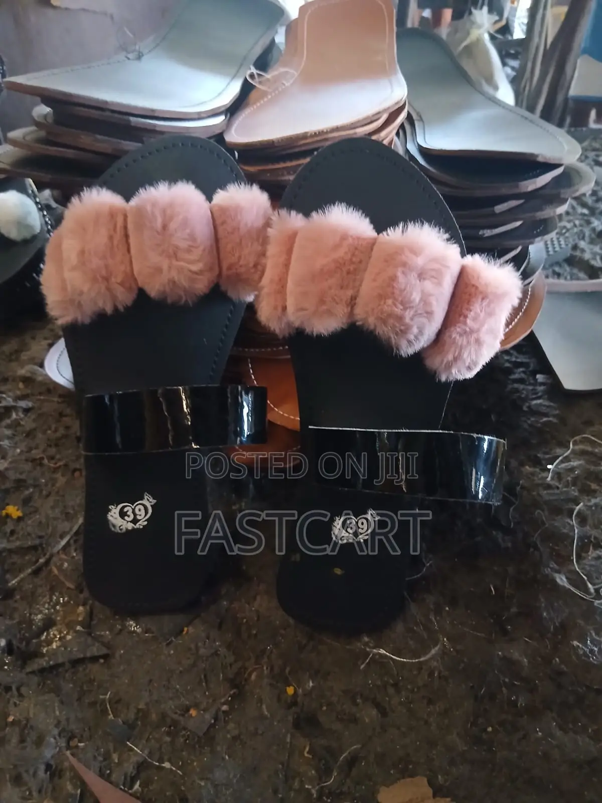Ladies Black Sandals With White Straps Soft Brown White Fur