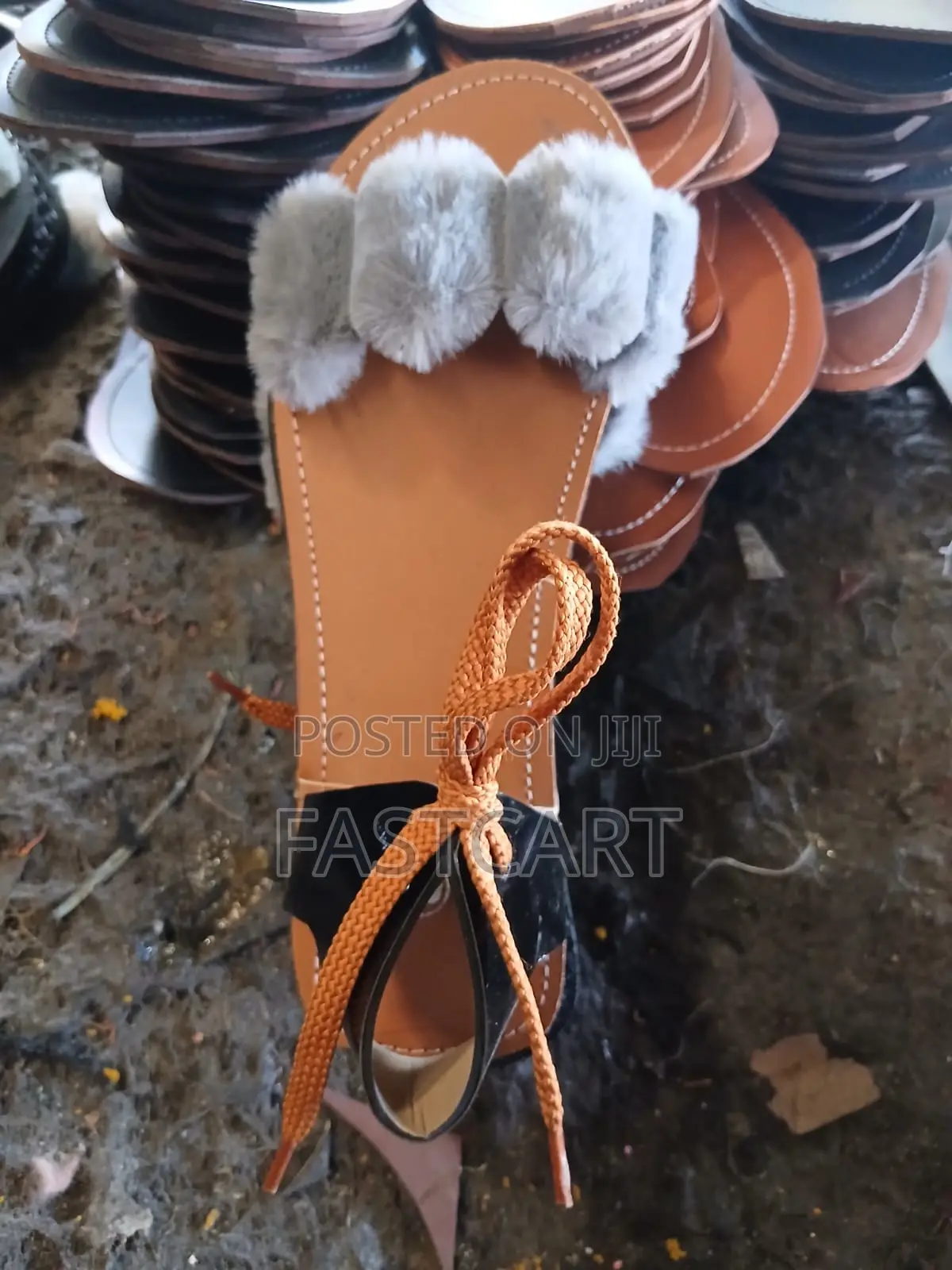 Ladies Black Sandals With White Straps Soft Brown White Fur