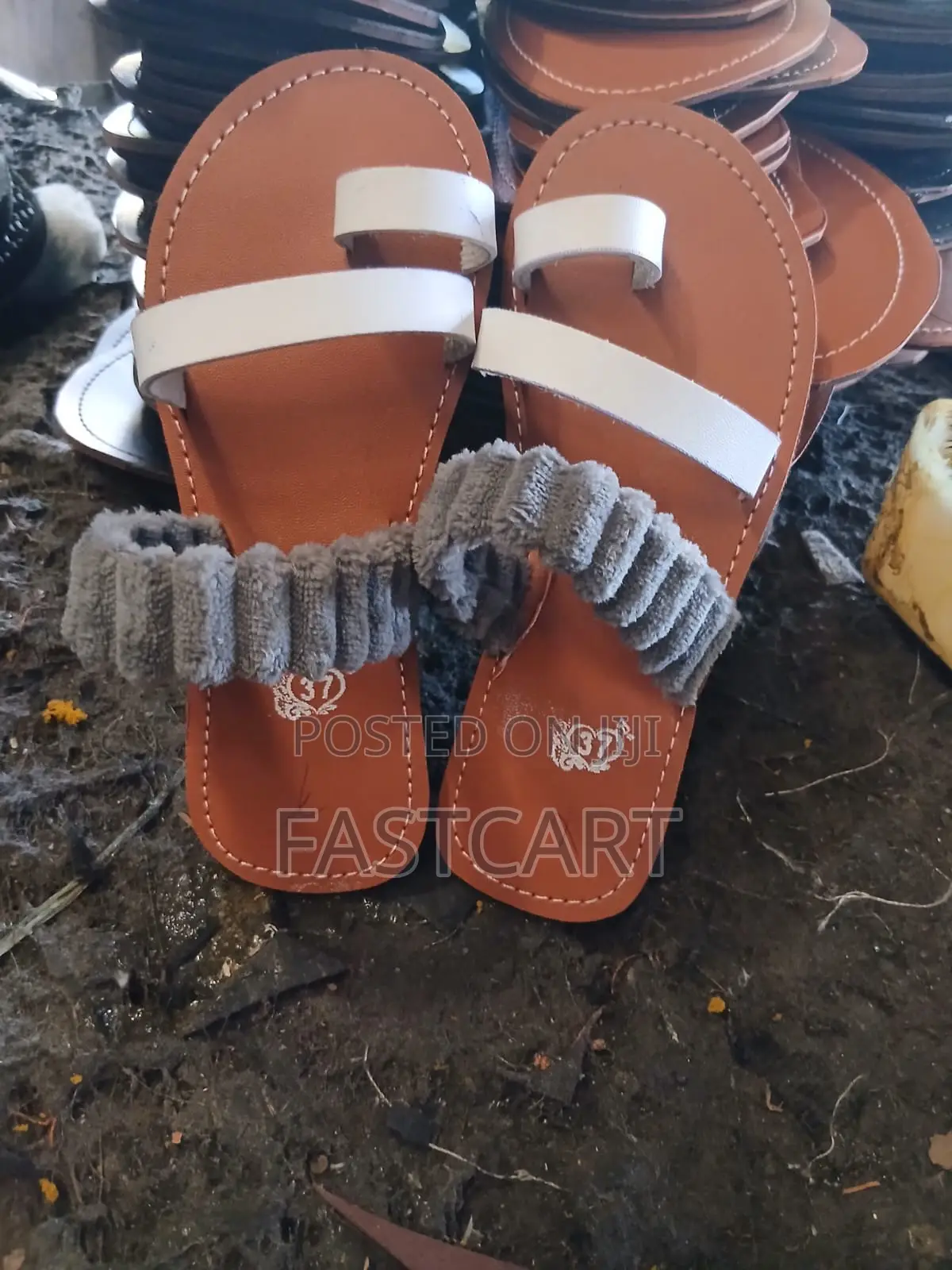 Ladies Black Sandals With White Straps Soft Brown White Fur
