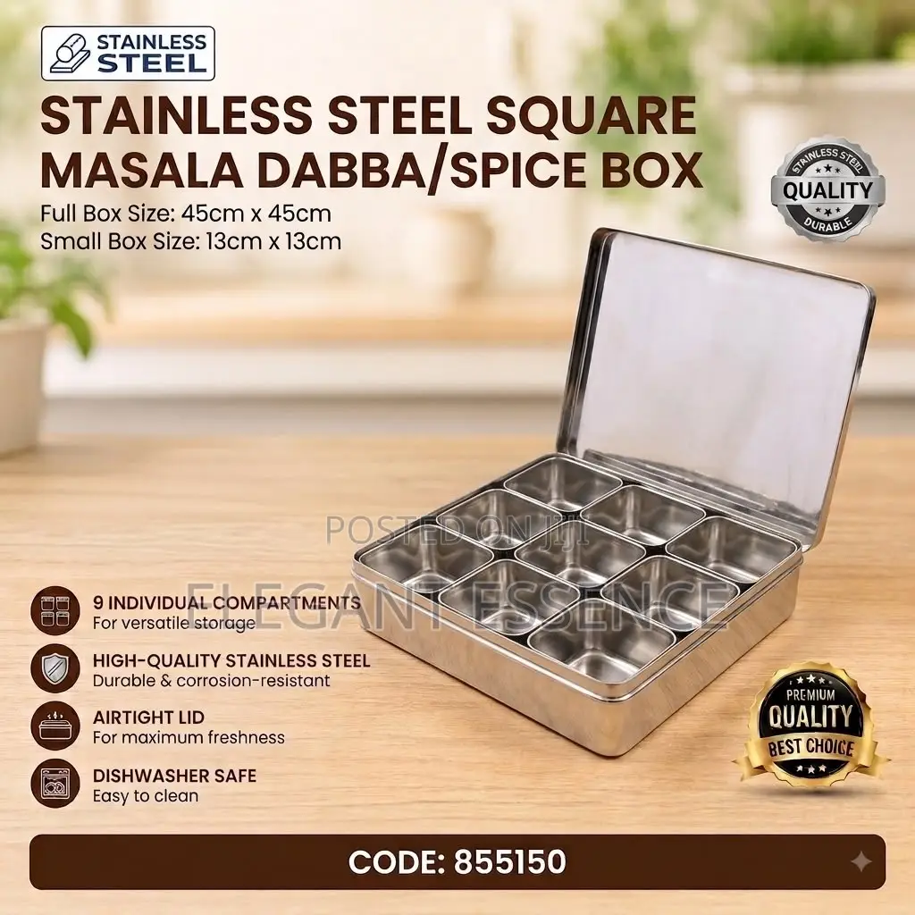 Stainless Steel Square Masala Dabba/Spice Box With 9 Compartments