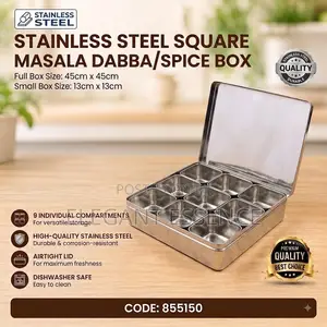 Stainless Steel Square Masala Dabba/Spice Box With 9 Compartments