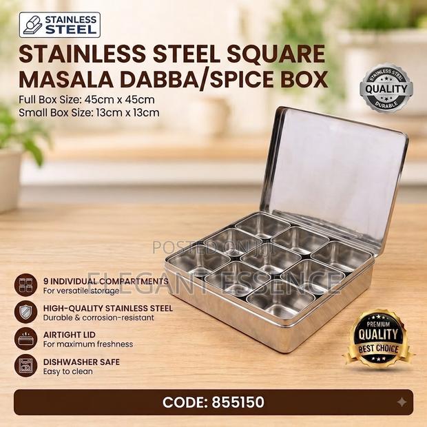 Stainless Steel Square Masala Dabba/Spice Box With 9 Compartments - thumbnail 2
