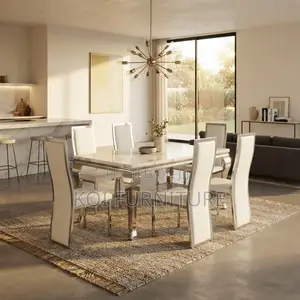Dining Set; Six Seaters Golden Marble Dining Set