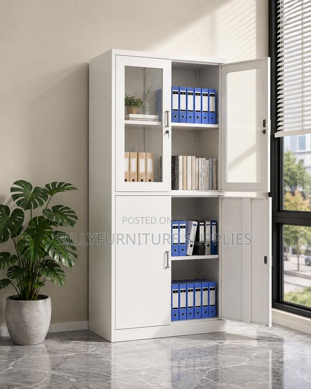 Modern 4-Door Office Storage Cabinet | Glass Lockable Filing Cabinet
