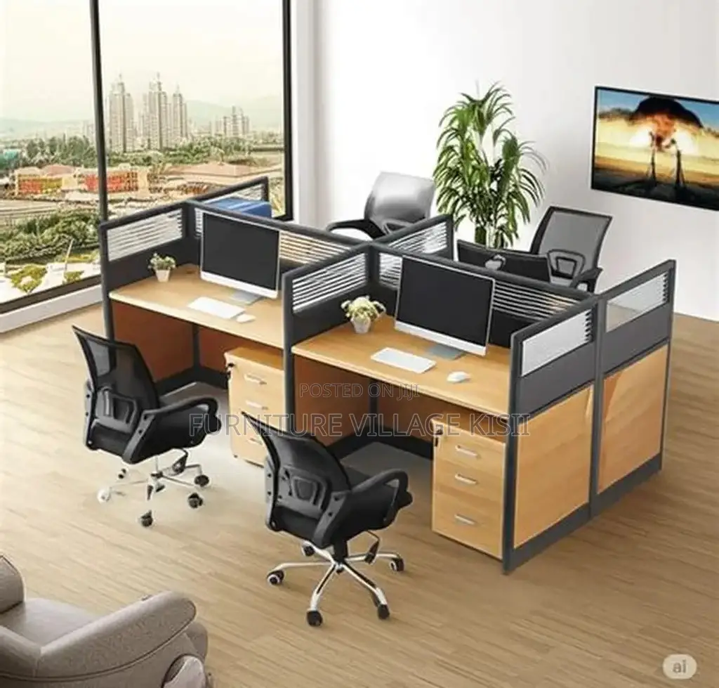 Workstation Desk: 4- Way Wood Office Desk