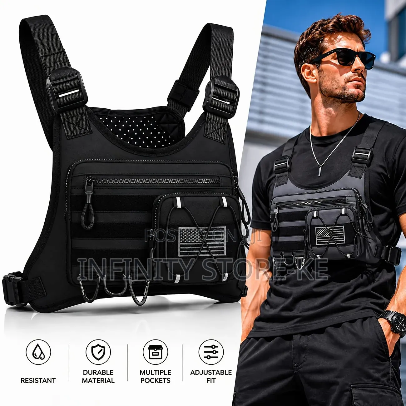 Black Tactical Sports Chest Rig Bag Featuring a Front Utility Pouch