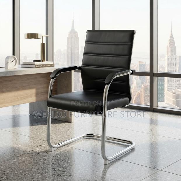 Office Chairs; Mid Bcak Leather Front Desk Visitors Chair - thumbnail 2