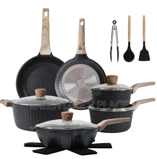 Non-Stick Granite Cookware Set 17 Pieces With Wood-Effect Handles