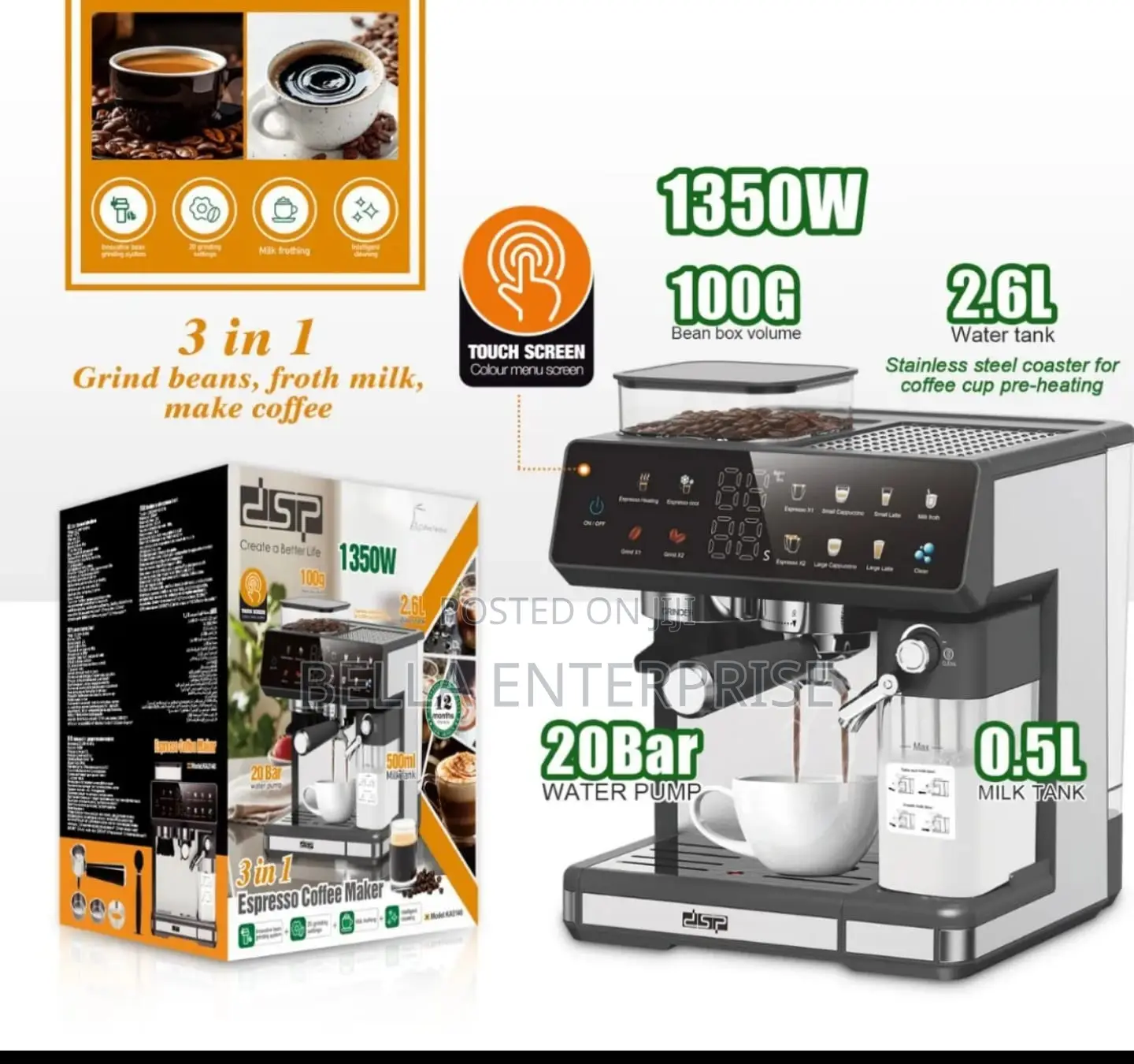 3-in-1 Espresso Coffee Maker Pressure*: 20Bar Water Pump Professional