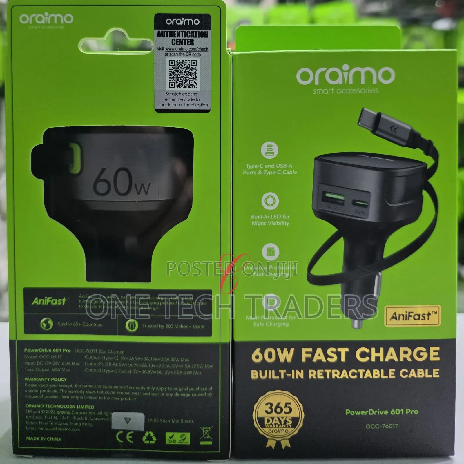 Car Charger With Built- In Rectractable Cable 60w