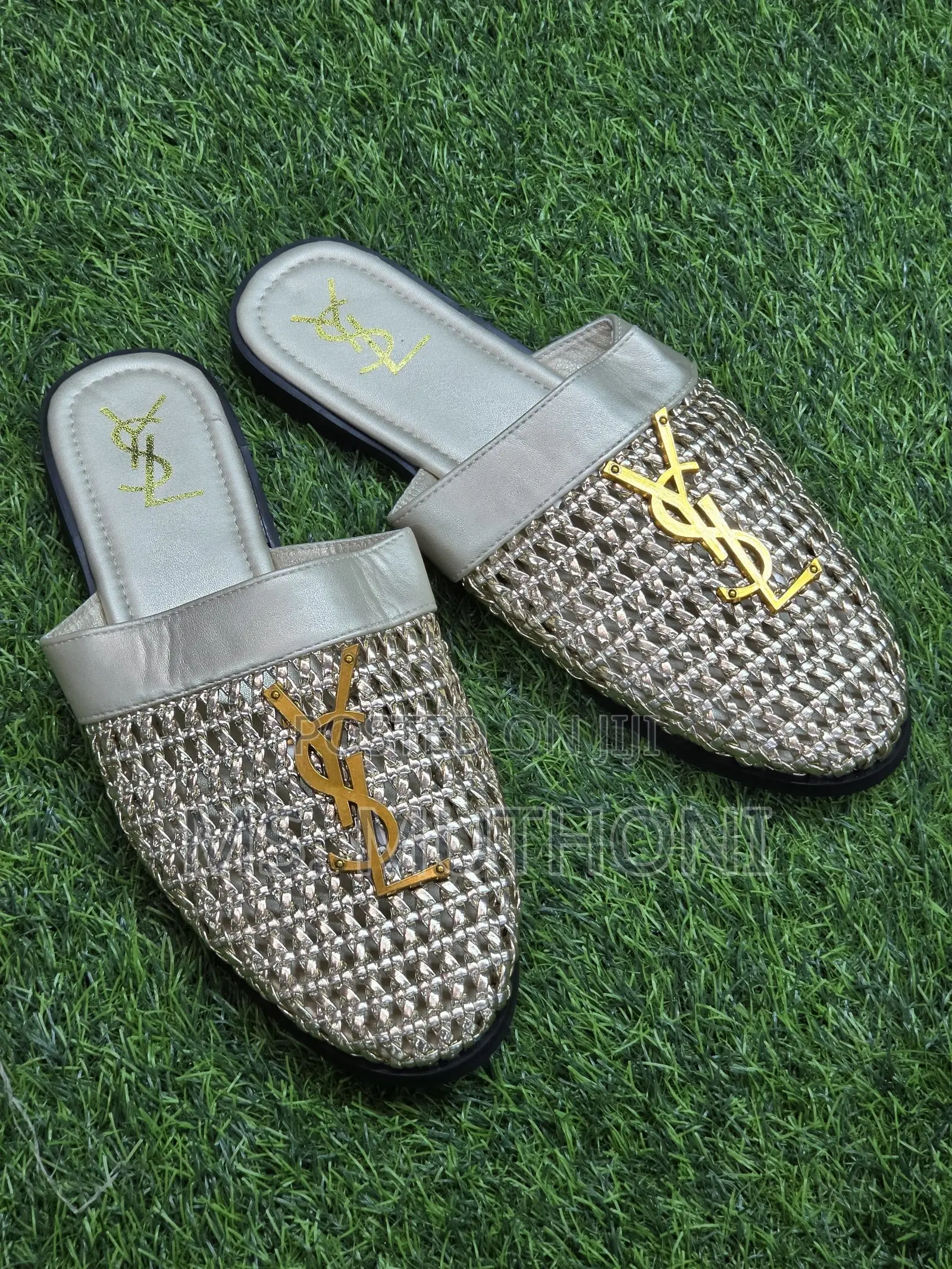 Stylish Woven YSL-logo Flat Mules Feature an Open-Back Slip-on Design