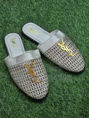 Stylish Woven YSL-logo Flat Mules Feature an Open-Back Slip-on Design