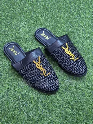 Stylish Woven YSL-logo Flat Mules Feature an Open-Back Slip-on Design