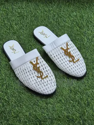 Stylish Woven YSL-logo Flat Mules Feature an Open-Back Slip-on Design