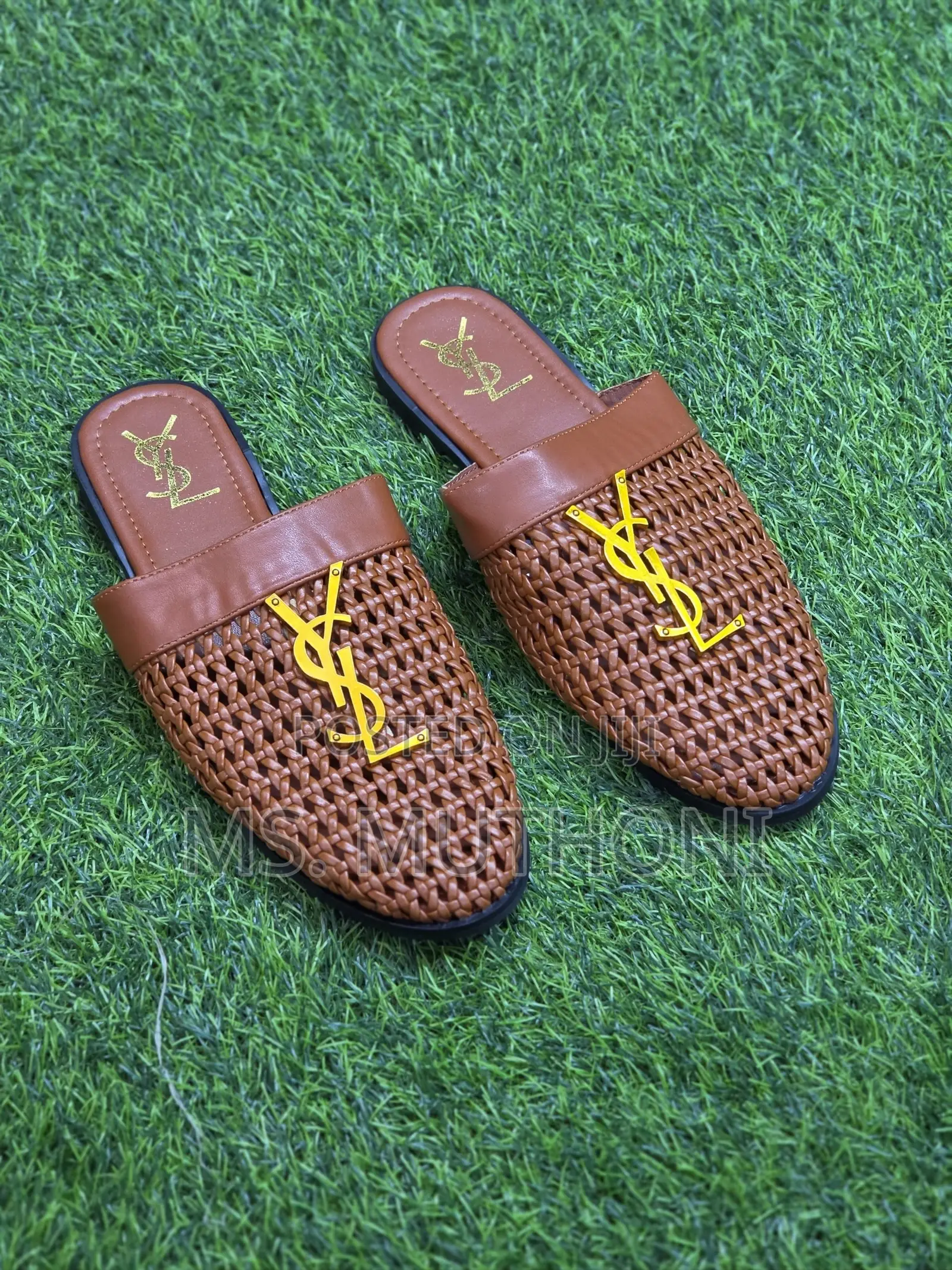 Stylish Woven YSL-logo Flat Mules Feature an Open-Back Slip-on Design