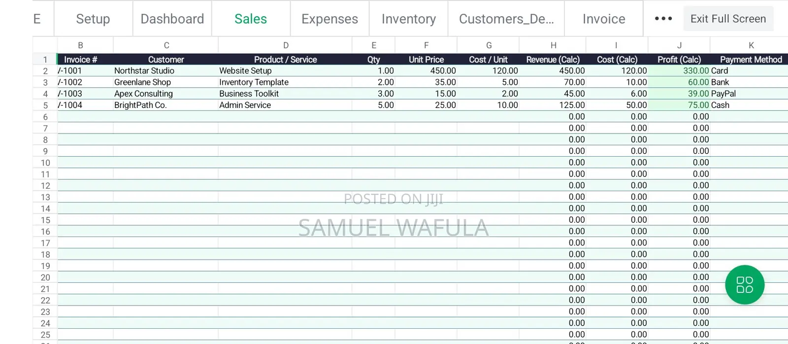 Small Business Excel Template - Sales, Expenses, Stock Profit