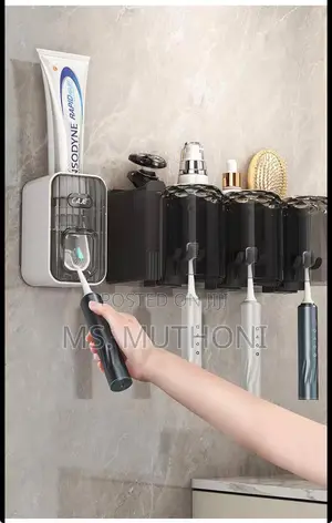 Wall-Mounted 4-Cup Toothbrush Holder / Toothpaste Dispenser Set