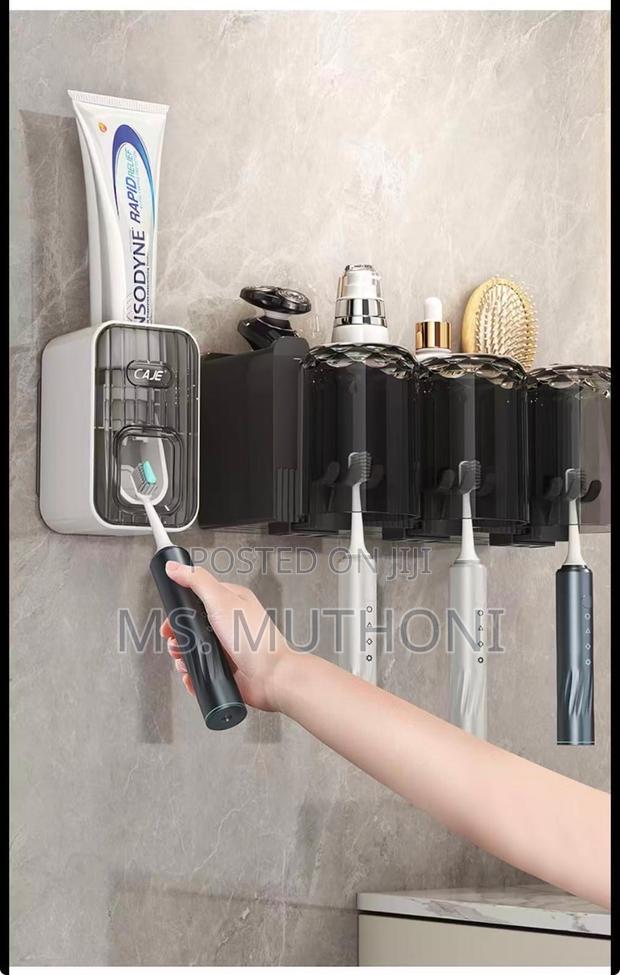 Wall-Mounted 4-Cup Toothbrush Holder / Toothpaste Dispenser Set - thumbnail 3