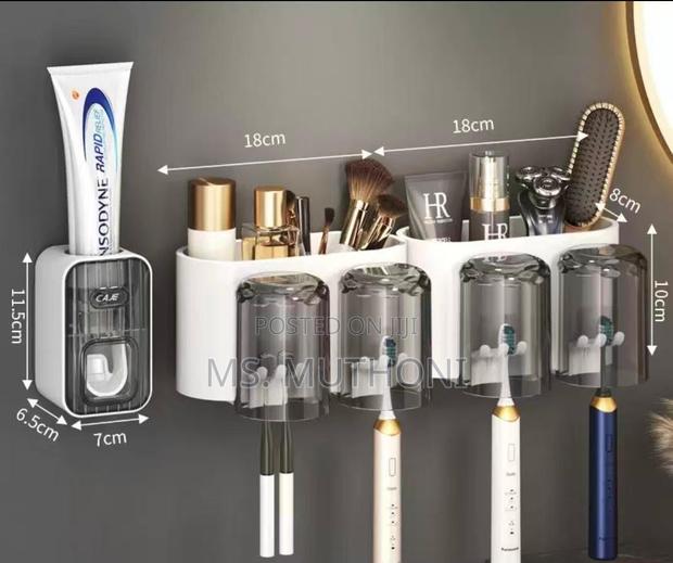 Wall-Mounted 4-Cup Toothbrush Holder / Toothpaste Dispenser Set - thumbnail 4