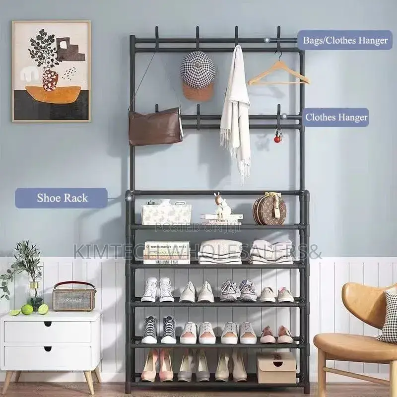 4 Layer Detachable Metal Shoe Rack With 8 Double Hooks