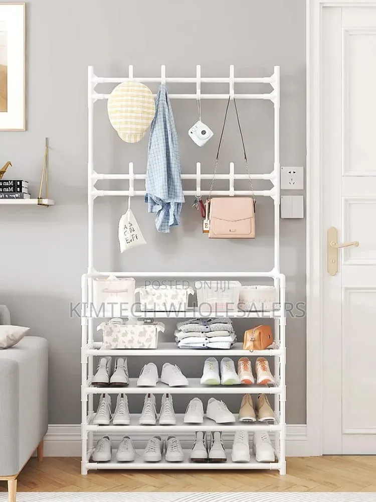 4 Layer Detachable Metal Shoe Rack With 8 Double Hooks