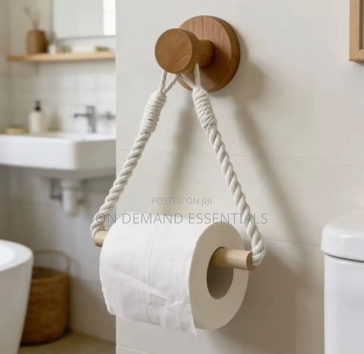 White Cotton Rope Wooden Rod Paper Holder