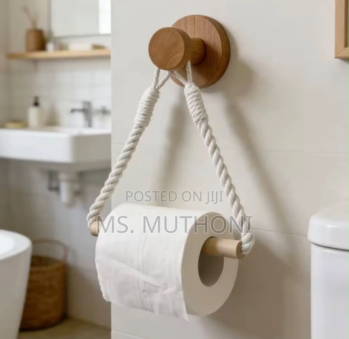 White Cotton Rope Wooden Rod Paper Holder