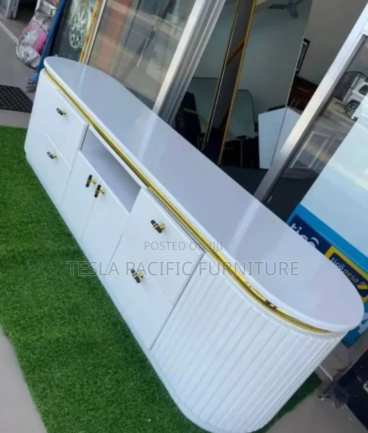 Luxury Modern Fluted Sideboard Cabinet With Marbletop and Gold Finish