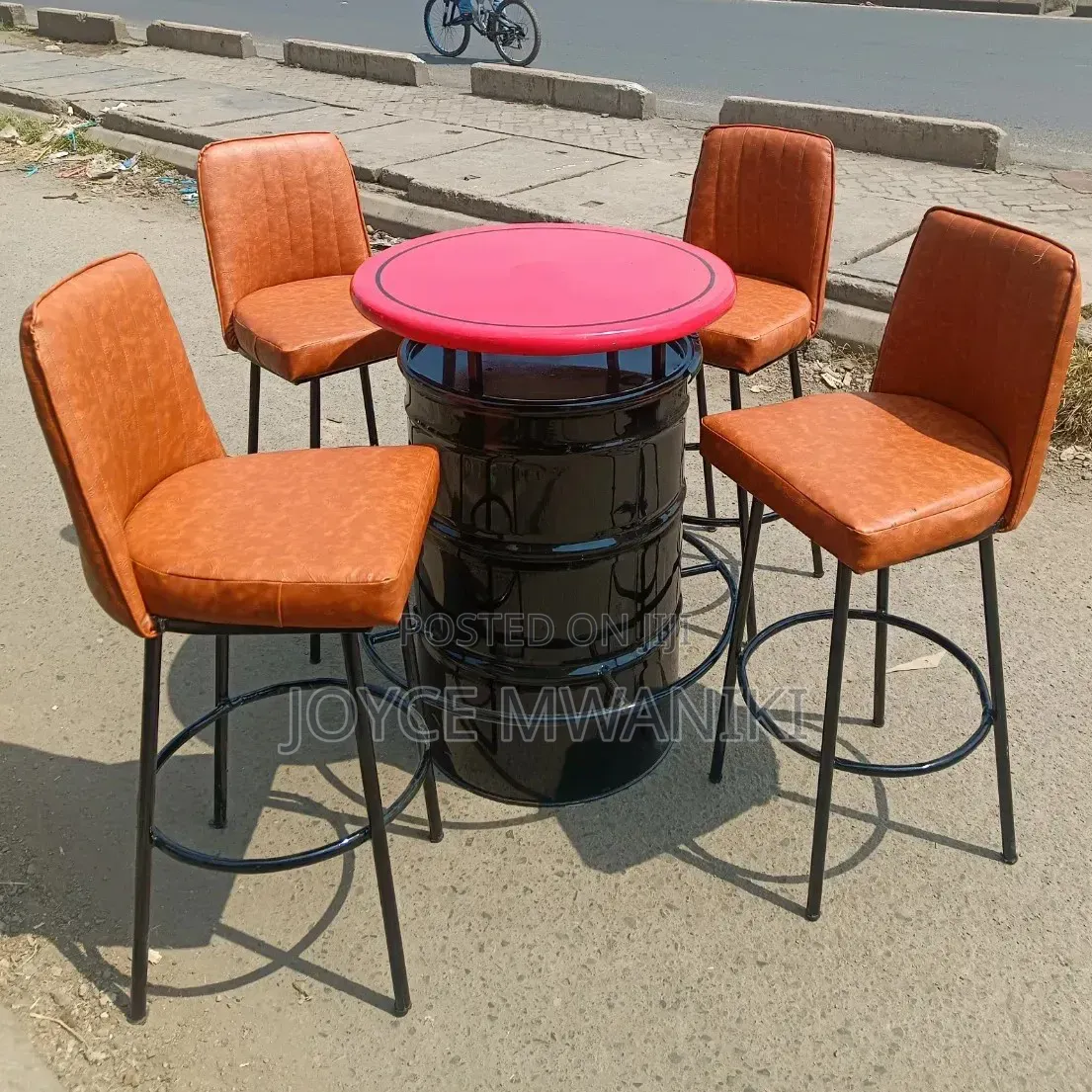 Modern Black Framed High Bar Chairs With a Drum Table 